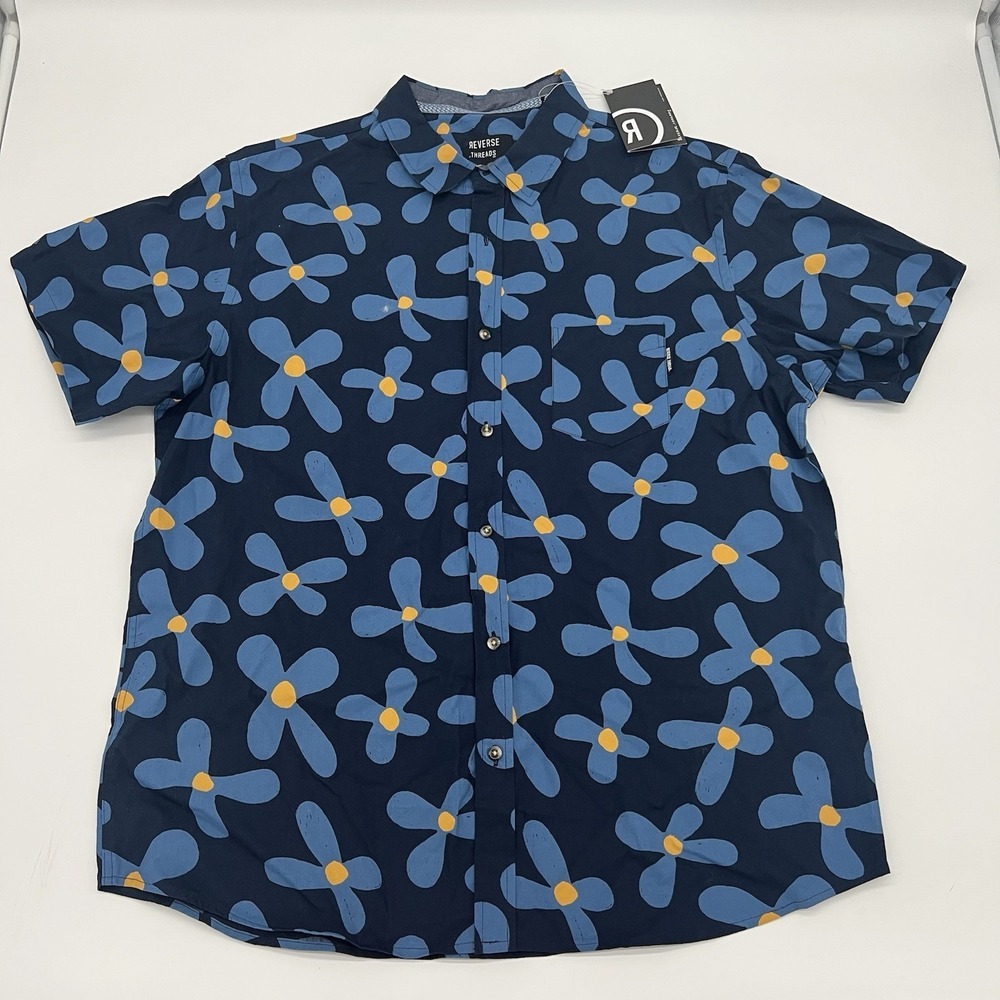 Reverse Threads XXL Navy Floral Shirt Blossom Print 100% Cotton Short Sleeve‎
